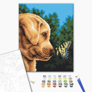 Картина по номерам Тварини, птахи та риби - Метелик на носику ретривера