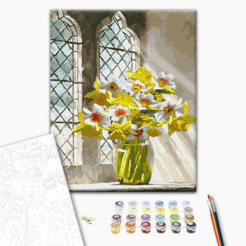 Картина по номерам Квіти - Яскраві нарциси на вікні