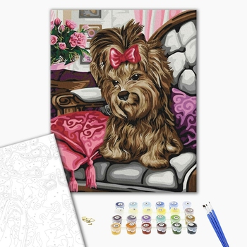 Картина по номерам Тварини, птахи та риби - Собачка з рожевим бантом