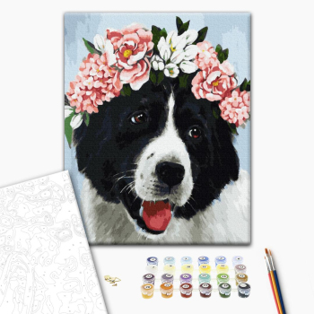 Картина по номерам Тварини, птахи та риби - Собачка в квітах
