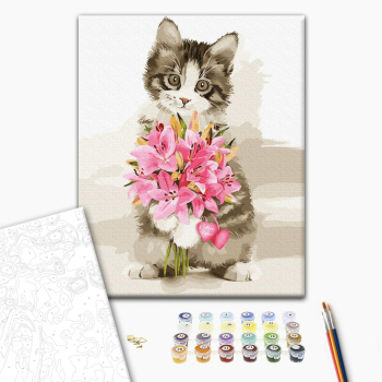 Картина по номерам Тварини, птахи та риби - Котик з букетом