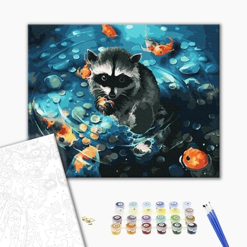 Картина по номерам Тварини, птахи та риби - Єнот і рибки