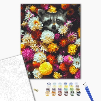 Картина по номерам Тварини, птахи та риби - Єнот в квітах