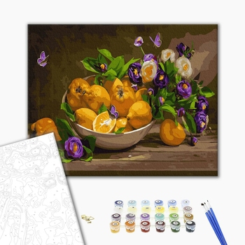 Картина по номерам Натюрморти - Цитруси з фіалками