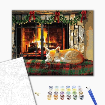 Картина по номерам Затишок, зима, Новий рік, Різдво - Котик біля каміну