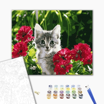Картина по номерам Тварини, птахи та риби - Кошеня в квітах
