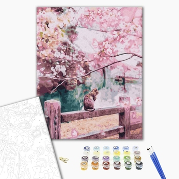 Картина по номерам Тварини, птахи та риби - Котик в квітучих сакурах