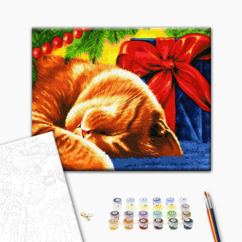 Картина по номерам Затишок, зима, Новий рік, Різдво - Сонний кіт