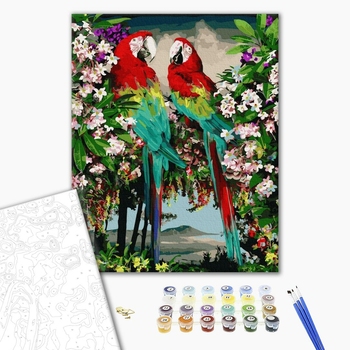 Картина по номерам Тварини, птахи та риби - Яскраві папуги в цвіту