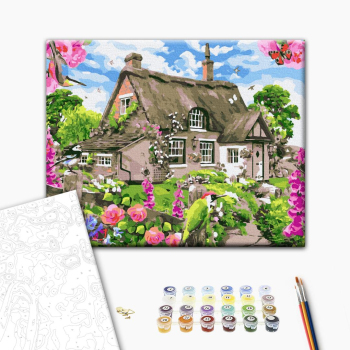 Картина по номерам Пейзажі - Хатинка з квітучим садом