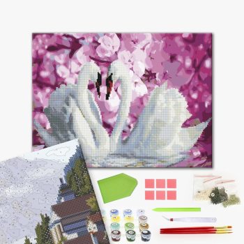 Комбінована алмазна мозаїка - Лебеді в квітах