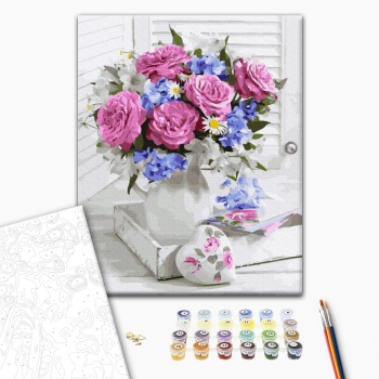 Картина по номерам Квіти - Букет з рожевими трояндами
