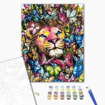 Картина по номерам Тварини, птахи та риби - Лев в метеликах