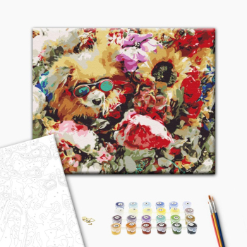Картина по номерам Тварини, птахи та риби - Собачка в квітах