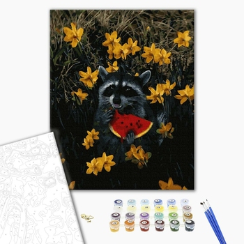 Картина по номерам Тварини, птахи та риби - Єнотик в квітах