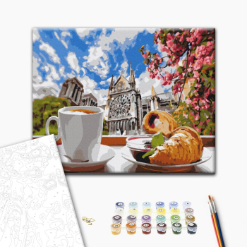 Картина по номерам Города - Кава з круасаном на фоні собору