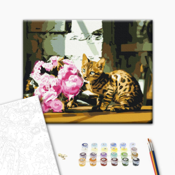 Картина по номерам Тварини, птахи та риби - Плямистий котик з квітами
