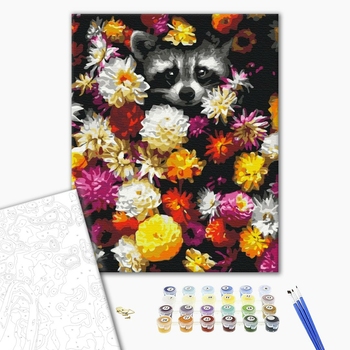 Картина по номерам Тварини, птахи та риби - Єнот в квітах