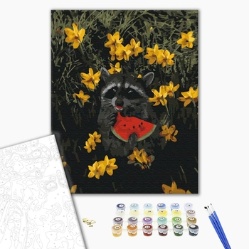 Картина по номерам Тварини, птахи та риби - Єнотик в квітах