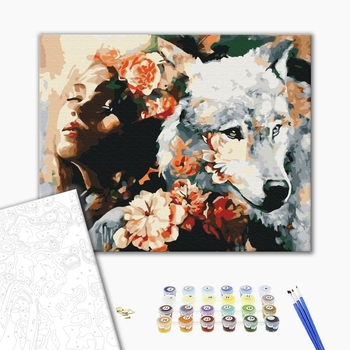 Картина по номерам Абстракції - Дівчина з вовком в квітах