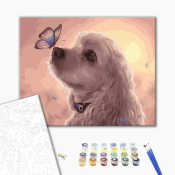 Картина по номерам Тварини, птахи та риби - Собачка з метеликом на носі