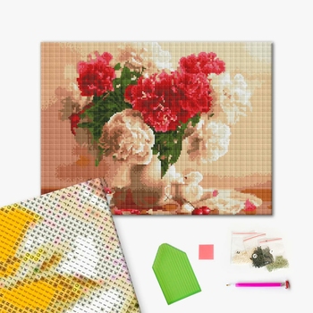 Алмазна мозаїка 40х50 - Червоно-білі піони і вишні