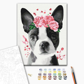 Картина по номерам Тварини, птахи та риби - Бостон терьер в веночке