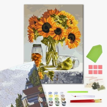 Комбінована алмазна мозаїка - Натюрморт з соняхами і фруктами