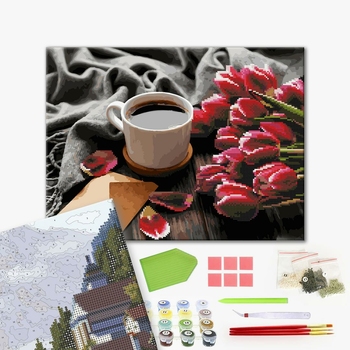 Комбінована алмазна мозаїка - Тюльпани до кави