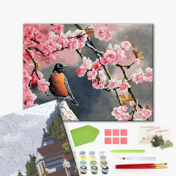 Комбінована алмазна мозаїка - Снігур та сакура