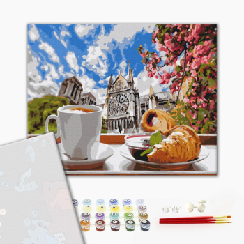 Картина по номерам Преміум картини - Кава з круасаном на фоні собору