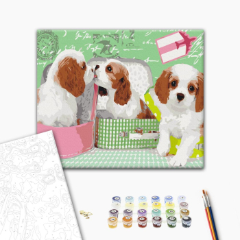 Картина по номерам Тварини, птахи та риби - Милі цуценятка у валізах