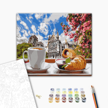 Картина по номерам Города - Кава з круасаном на фоні собору