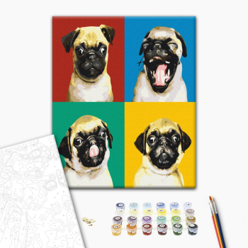 Картина по номерам Тварини, птахи та риби - Колаж з мопсом