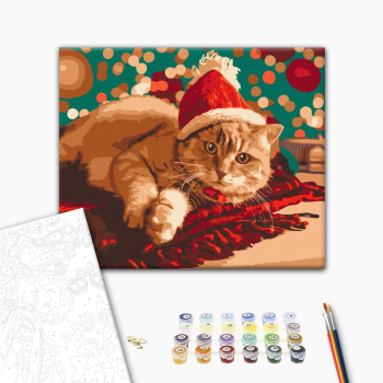 Картина по номерам Затишок, зима, Новий рік, Різдво - Санта кицька