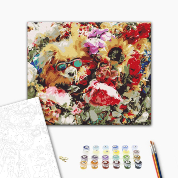 Картина по номерам Тварини, птахи та риби - Собачка в квітах