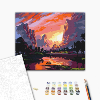 Картина по номерам Пейзажі - Яскравий захід в горах