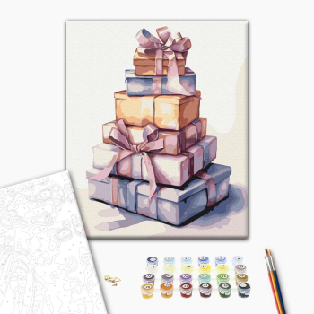 Картина по номерам Затишок, зима, Новий рік, Різдво - Гора подарунків