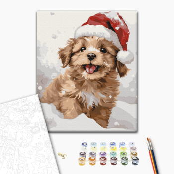 Картина по номерам Затишок, зима, Новий рік, Різдво - Засніжене цуценя