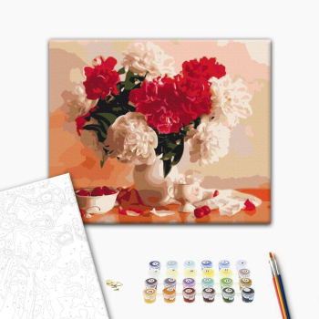 Картина по номерам Квіти - Красно-белые пионы и вишни