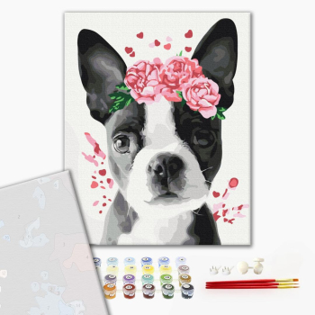Картина по номерам Преміум картини - Бостон тер'єр у віночку
