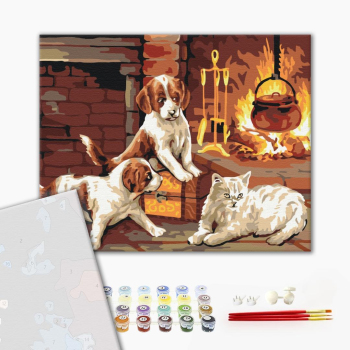 Картина по номерам Преміум картини - Улюбленці поруч з каміном