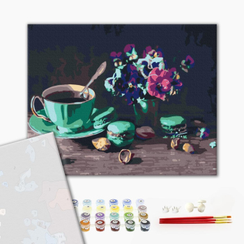 Картина по номерам Преміум картини - Кава з макарунами
