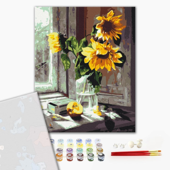 Картина по номерам Преміум картини - Букет соняхів у вікні