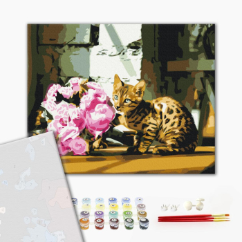 Картина по номерам Преміум картини - Плямистий котик з квітами