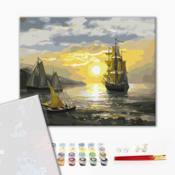 Картина по номерам Преміум картини - Вітрильник на заході сонця
