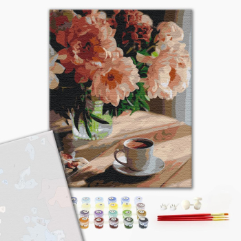 Картина по номерам Преміум картини - Кава з запахом півоній