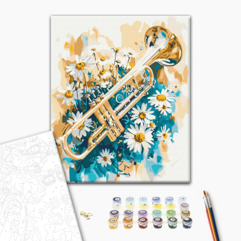 Картина по номерам Музика, музичні інструменти - Труба в ромашках