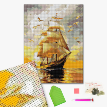 Алмазная мозаика 40x30 Власного виробництва - Вітрильник на красивому заході сонця