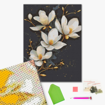 Алмазна мозаїка 40х50 - Білі квіти на чорному тлі
